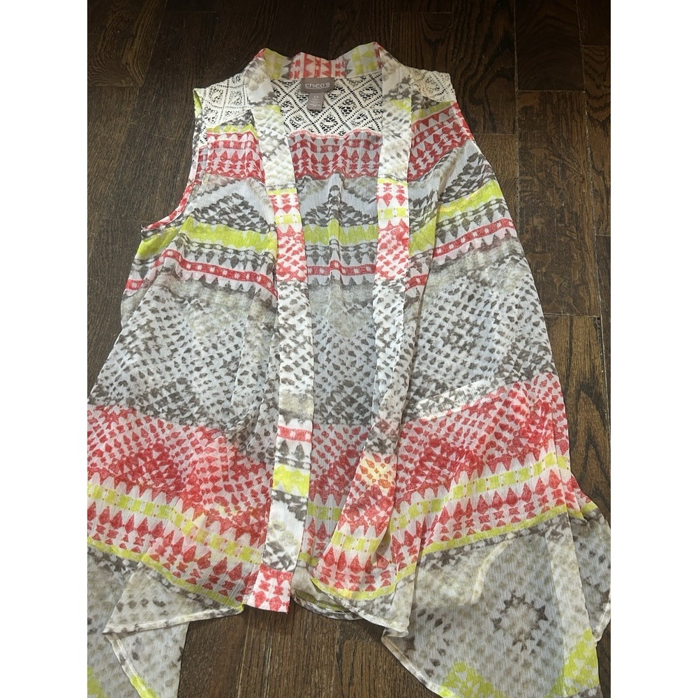 Chicos Kimono Top 0 Womens S Abstract Open‎ Front Sheer Sleeveless Artsy Gypsy